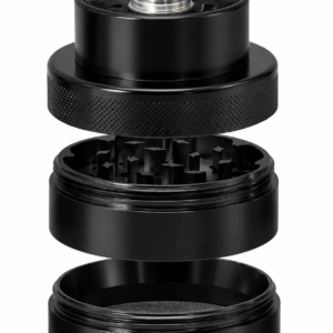 Zwarte 4-delige aluminium grinder met hendel en zeef
